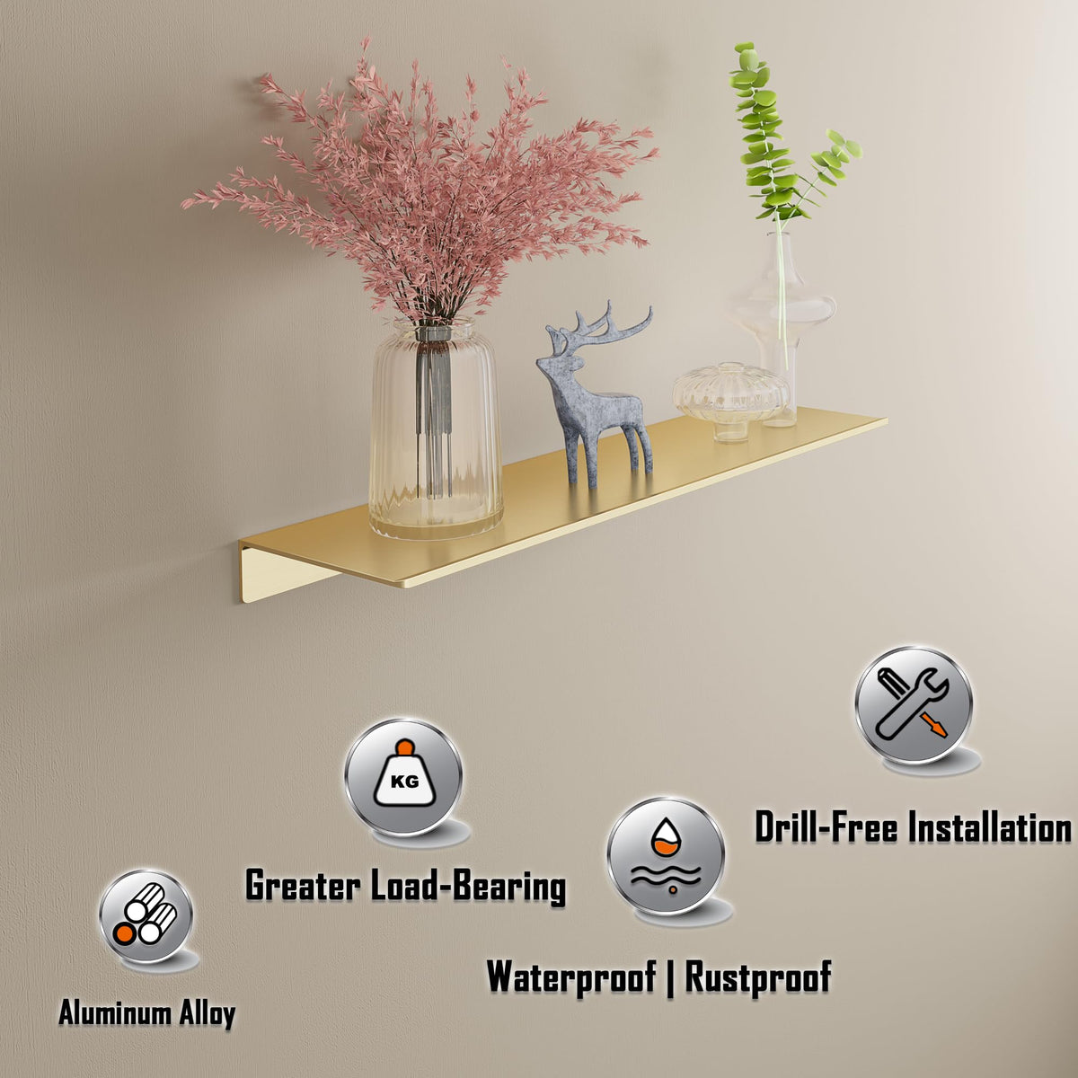 HNVNER decorative wall shelves enhance bedrooms and living rooms with a sleek metallic accent.