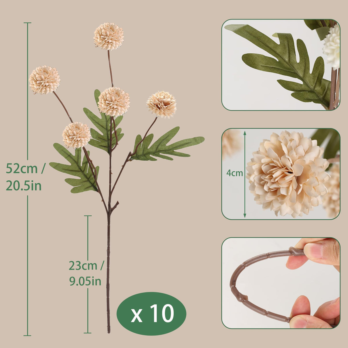 HNVNER silk beige mum with five heads on a 52cm stem for arrangements