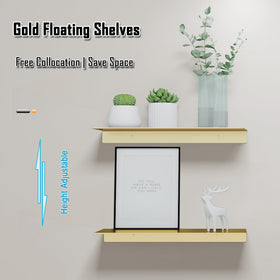 HNVNER wall-mounted shower caddy in brushed gold keeps toiletries organized.