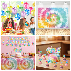 HOAKWA tie-dye tablecloth creates a bold backdrop for party photos.