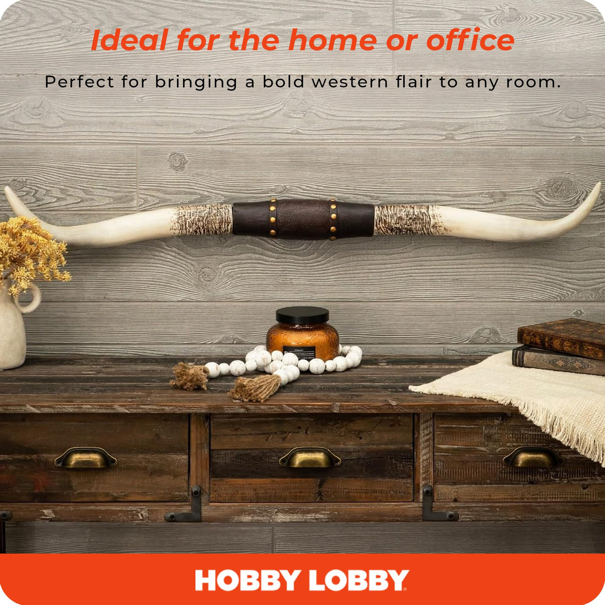 Hobby Lobby Longhorn wall decor 40-inch width makes a bold room statement.