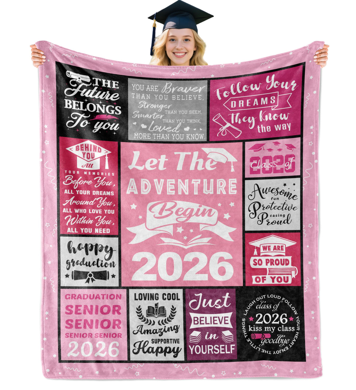 Hocgiwd graduation blanket design close-up, vibrant colors ideal for dorm room decor.