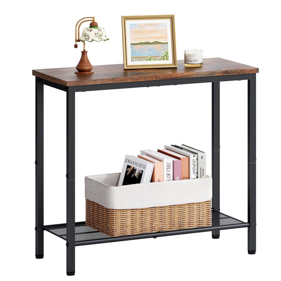 Hoctieon 2-tier end table with rustic brown finish and open top shelf for living room organization.