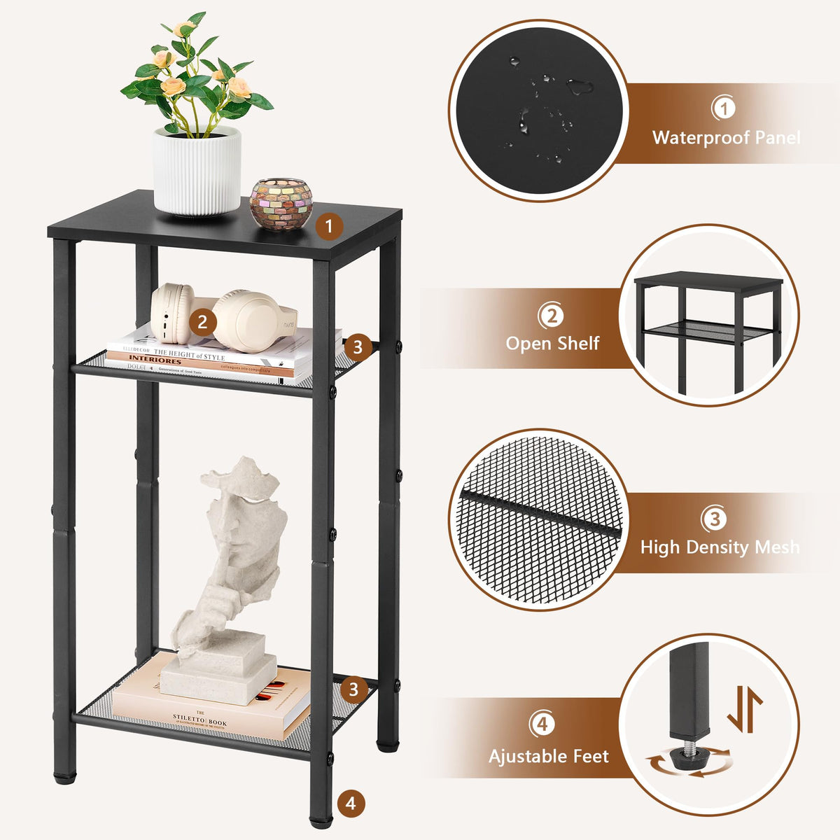 Hoctieon 3-tier end table features a sturdy frame for daily use.