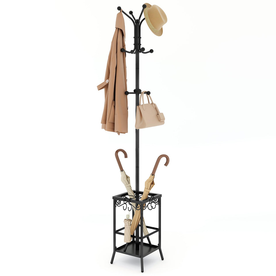 Hoctieon coat rack with umbrella holder in entryway for organized arrivals.