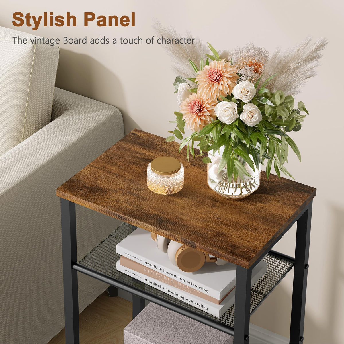 Hoctieon end table with metal frame providing sturdy daily-use support.