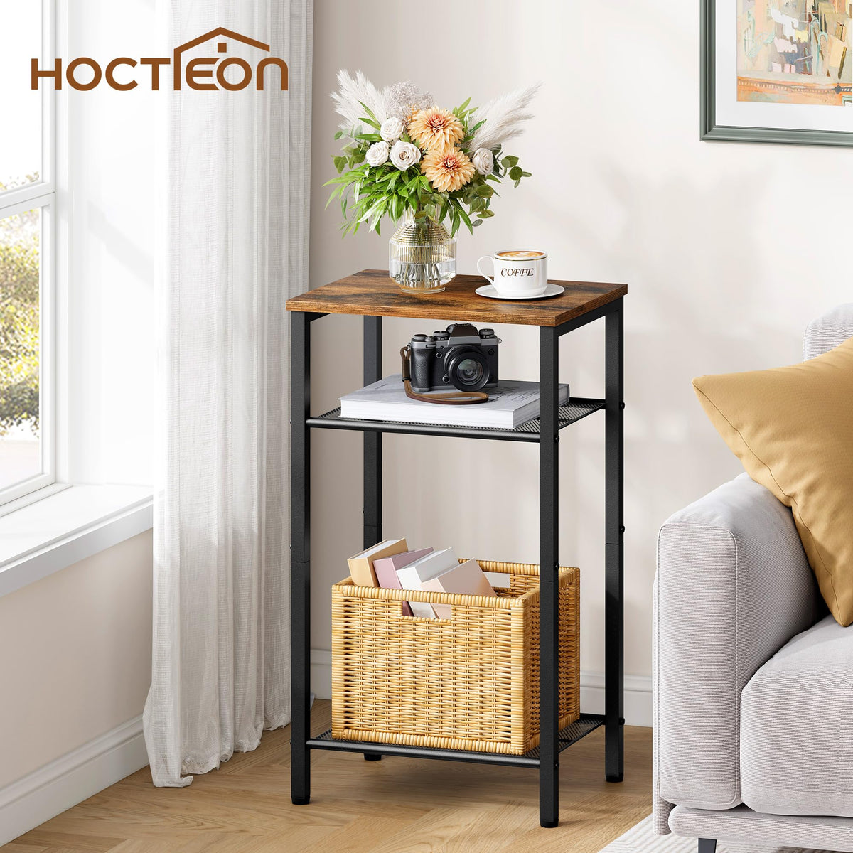 Hoctieon end table with middle shelf storage for organization and access.