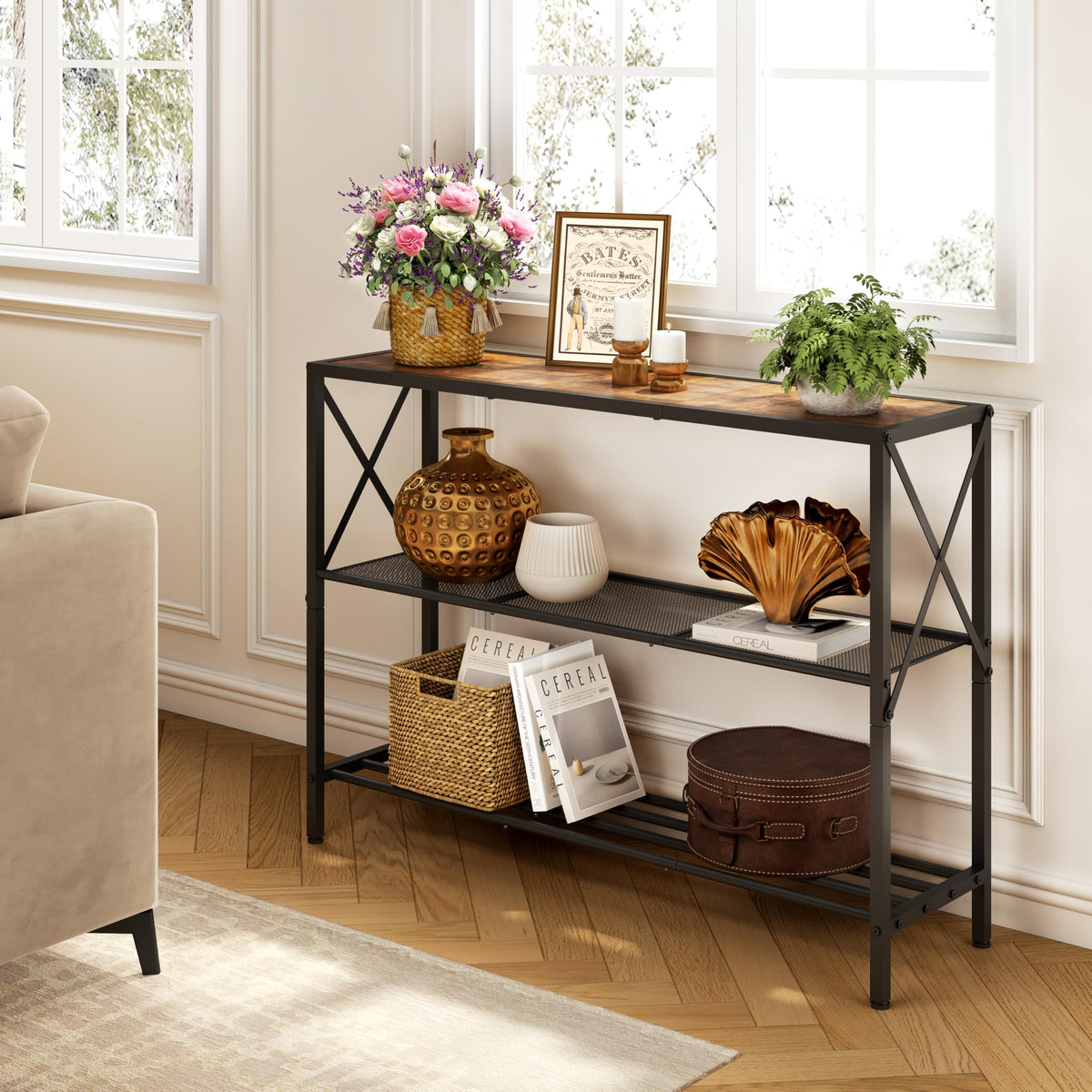 Hoctieon industrial console table with 3-tier shelves for clutter-free storage