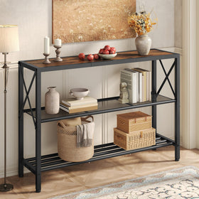 Hoctieon industrial console table top view in rustic black finish for entryways