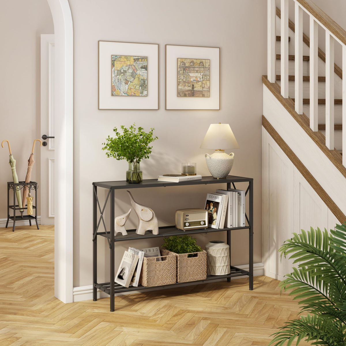 Hoctieon industrial console table entryway use emphasizes convenient access to daily items