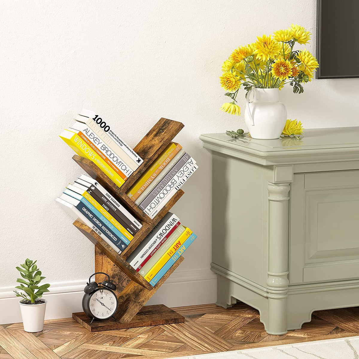 Hoctieon tree bookshelf in a corner extends storage space