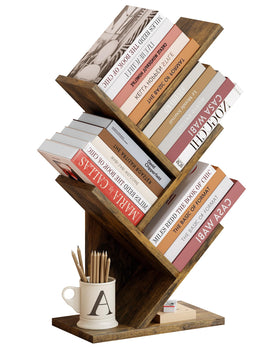 Hoctieon tree bookshelf front view showcasing rustic brown finish for display