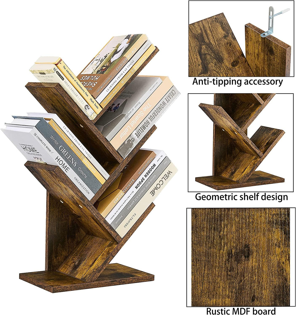 Hoctieon tree bookshelf rustic brown finish adds warmth