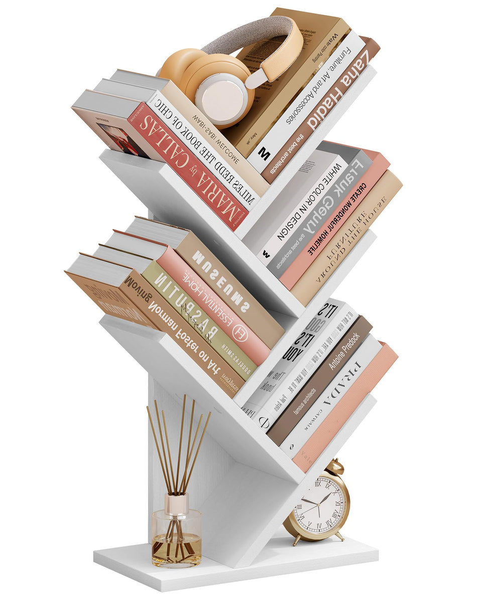 Hoctieon tree bookcase white front view showing compact four-tier design