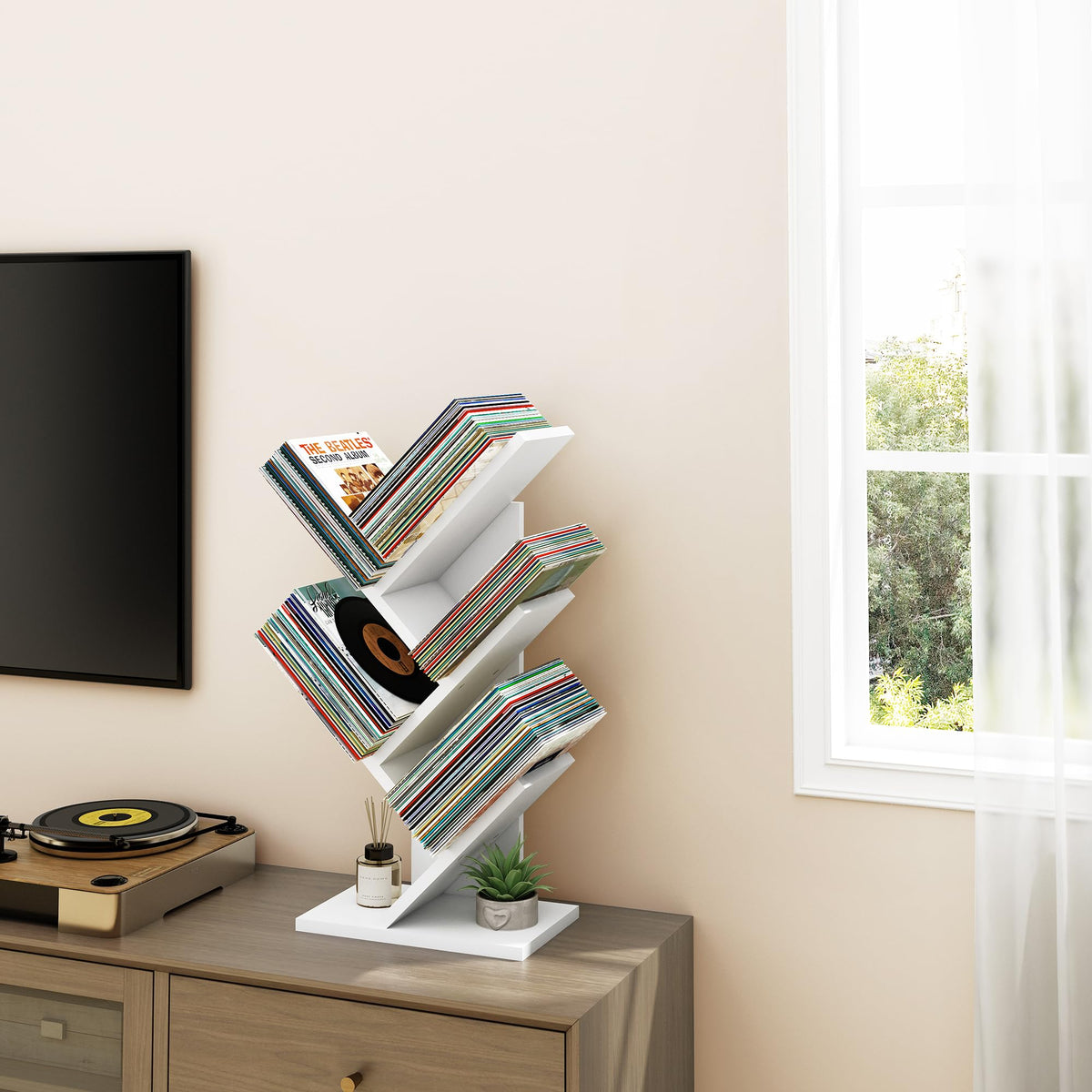 Hoctieon tree bookcase white side view highlighting slim footprint
