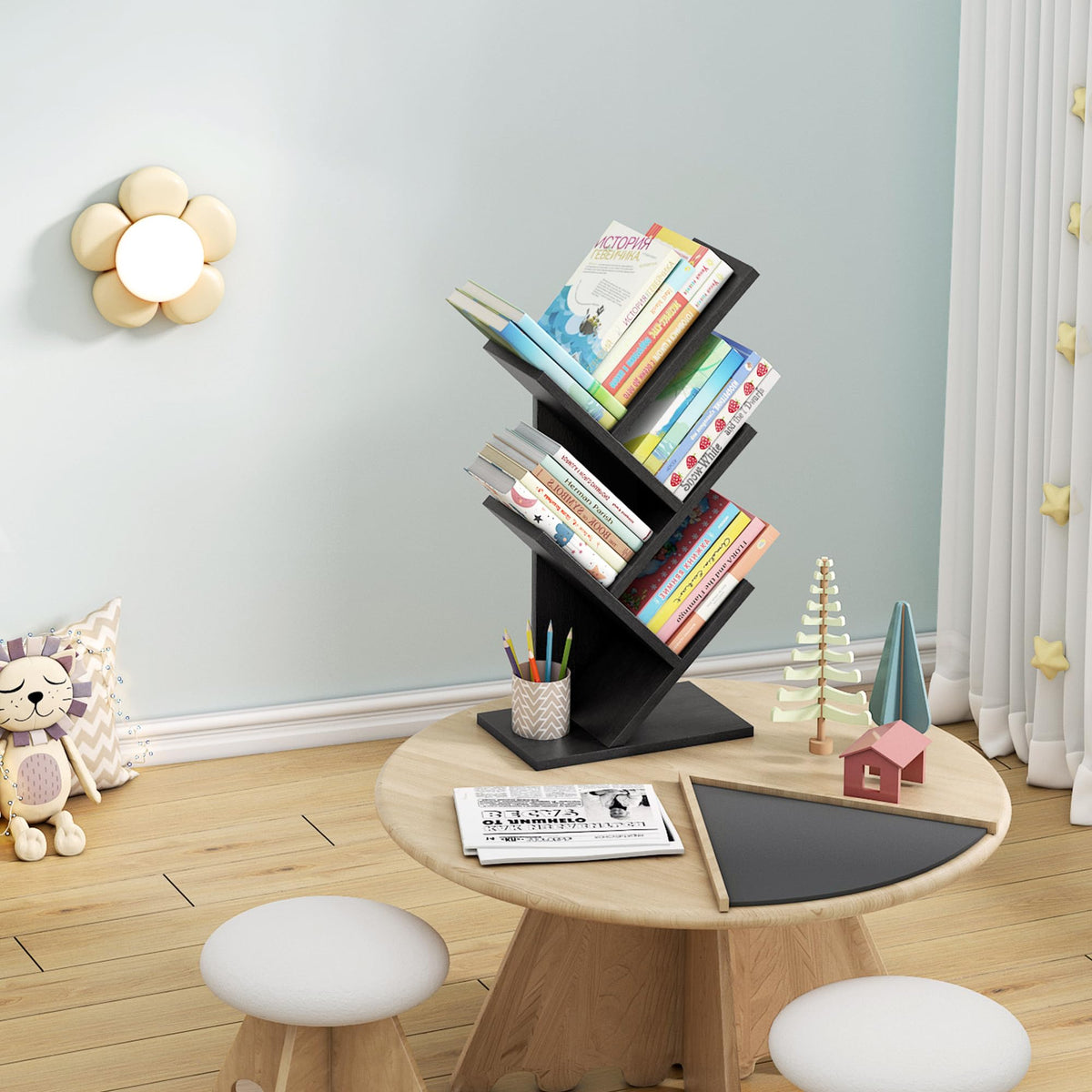 Corner-fit design of Hoctieon tree bookshelf saves floor space.