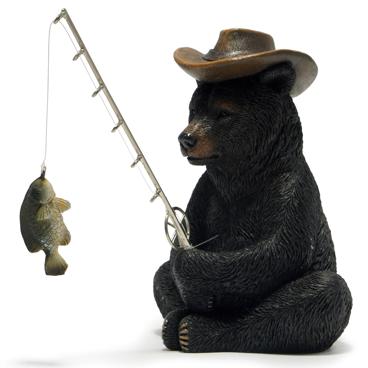 Hodao black bear fishing figurine on desk enhances home office decor.