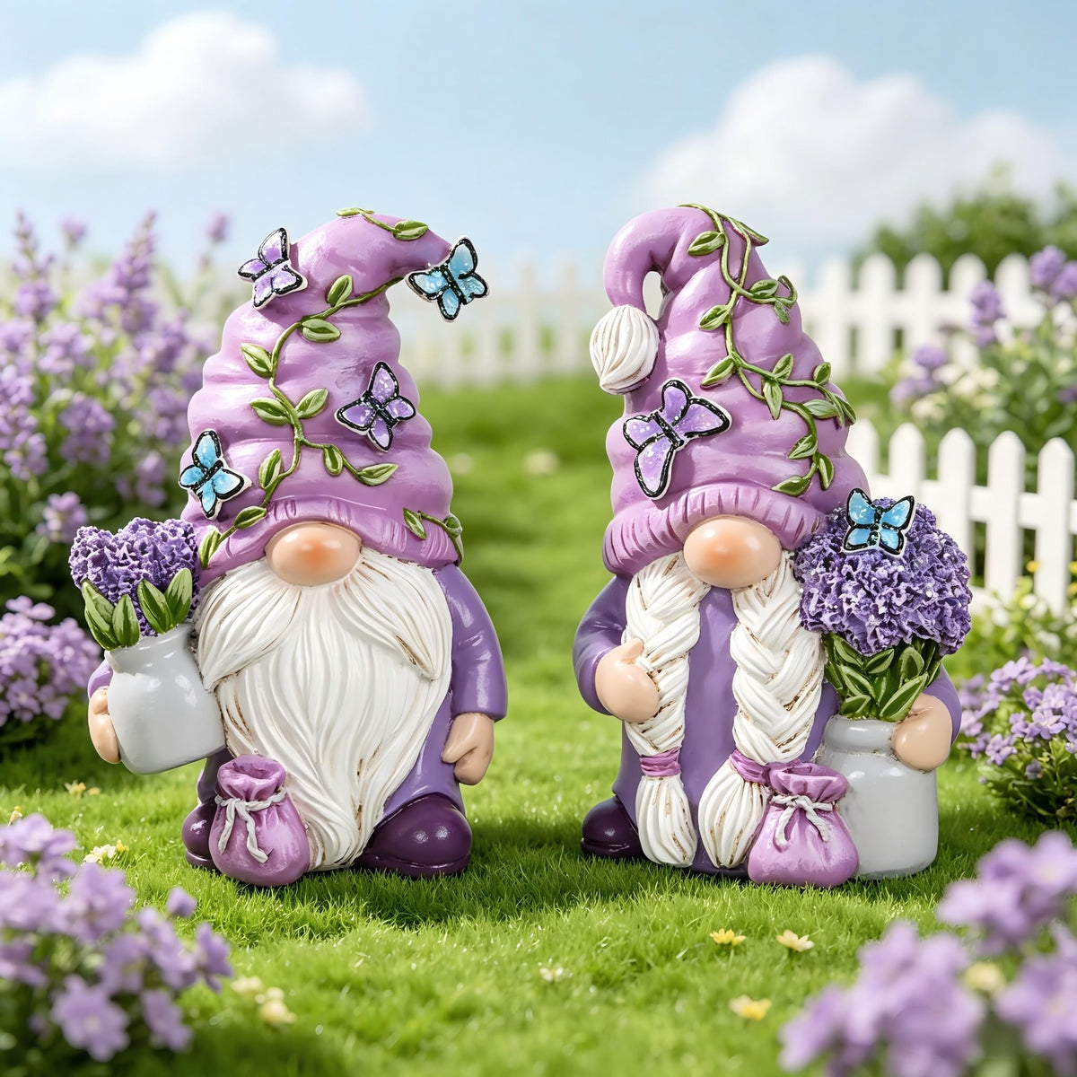 Hodao Lavender Dream Gnomes pair figurines brighten shelves with romantic forest vibes