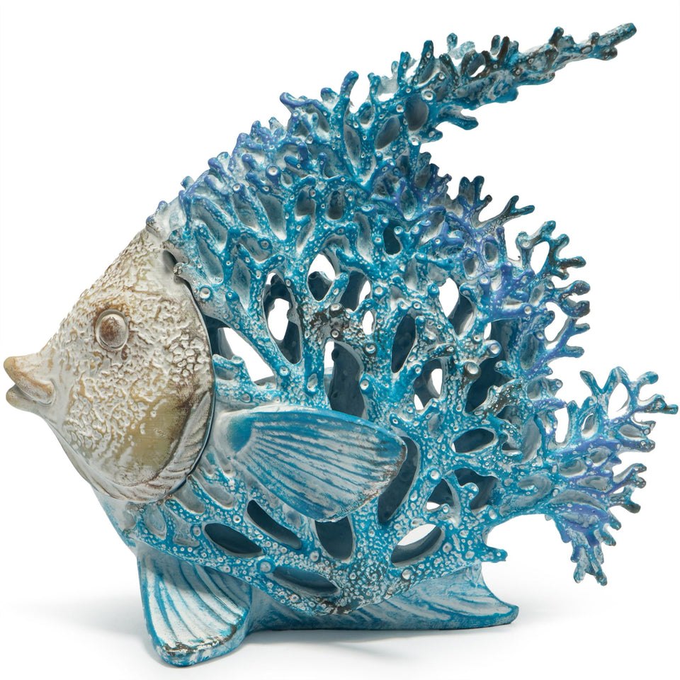 Hodao sea coral fish figurine on blue base enhances coastal living room ambiance