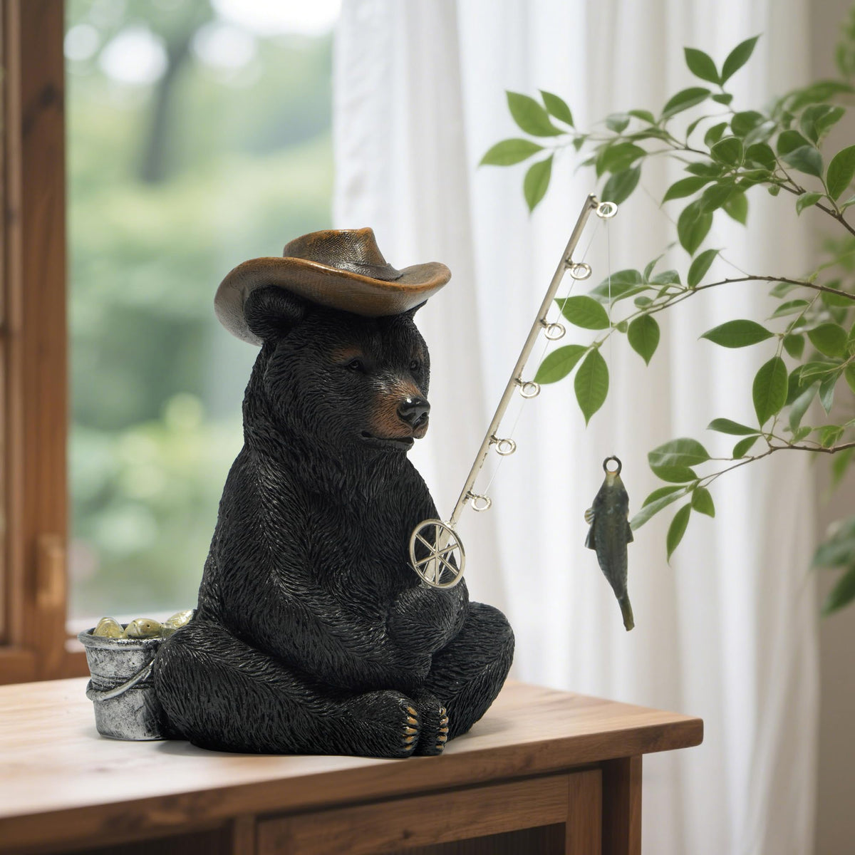 Hodao summer bear decor with fishing expert pose conveys confidence.