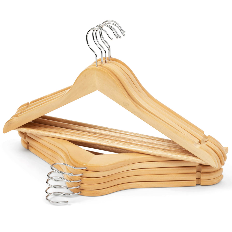 Hodge Home Essentials wooden hanger with natural finish supports garments and keeps closets neat.