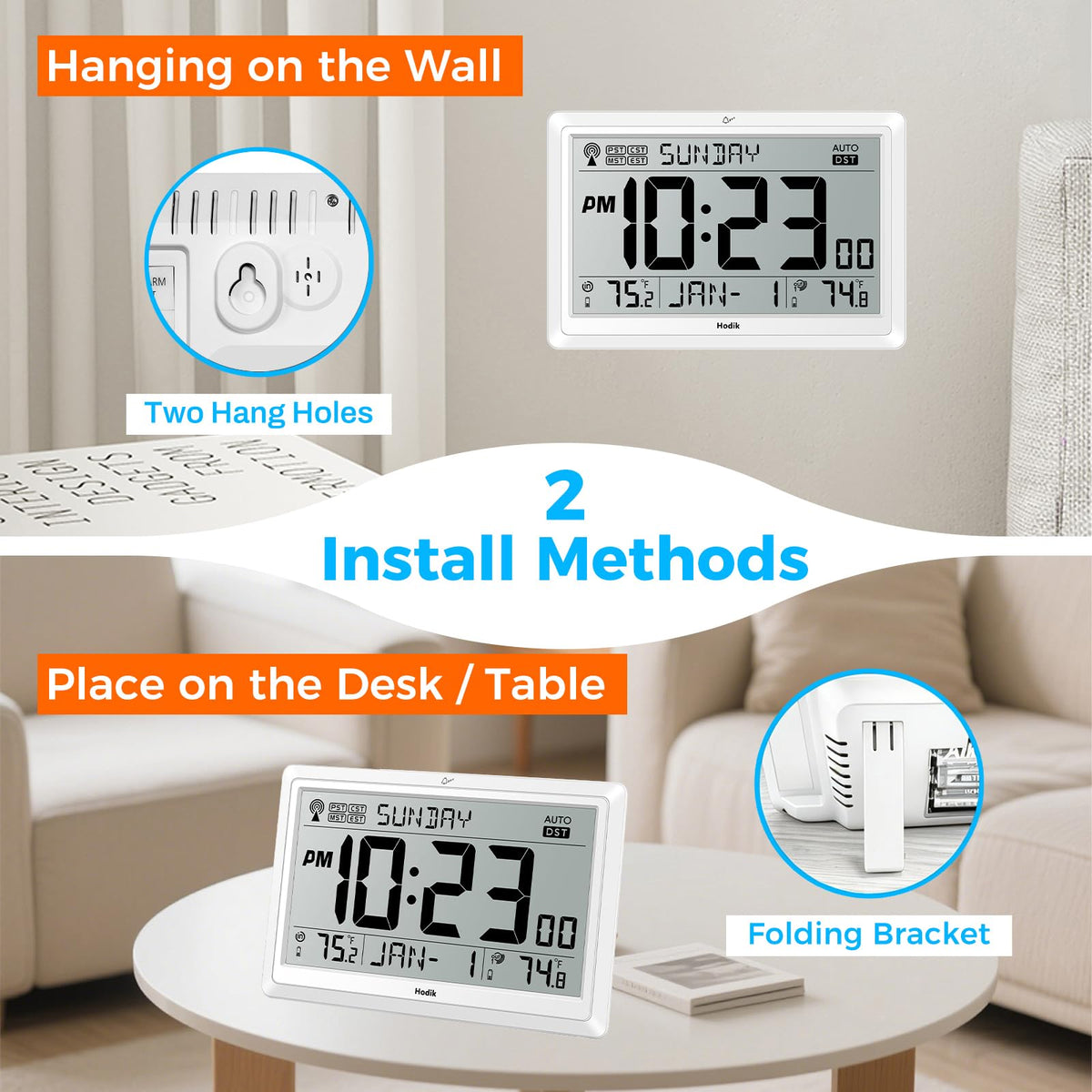 HODIK battery-powered clock offers placement flexibility without wiring.