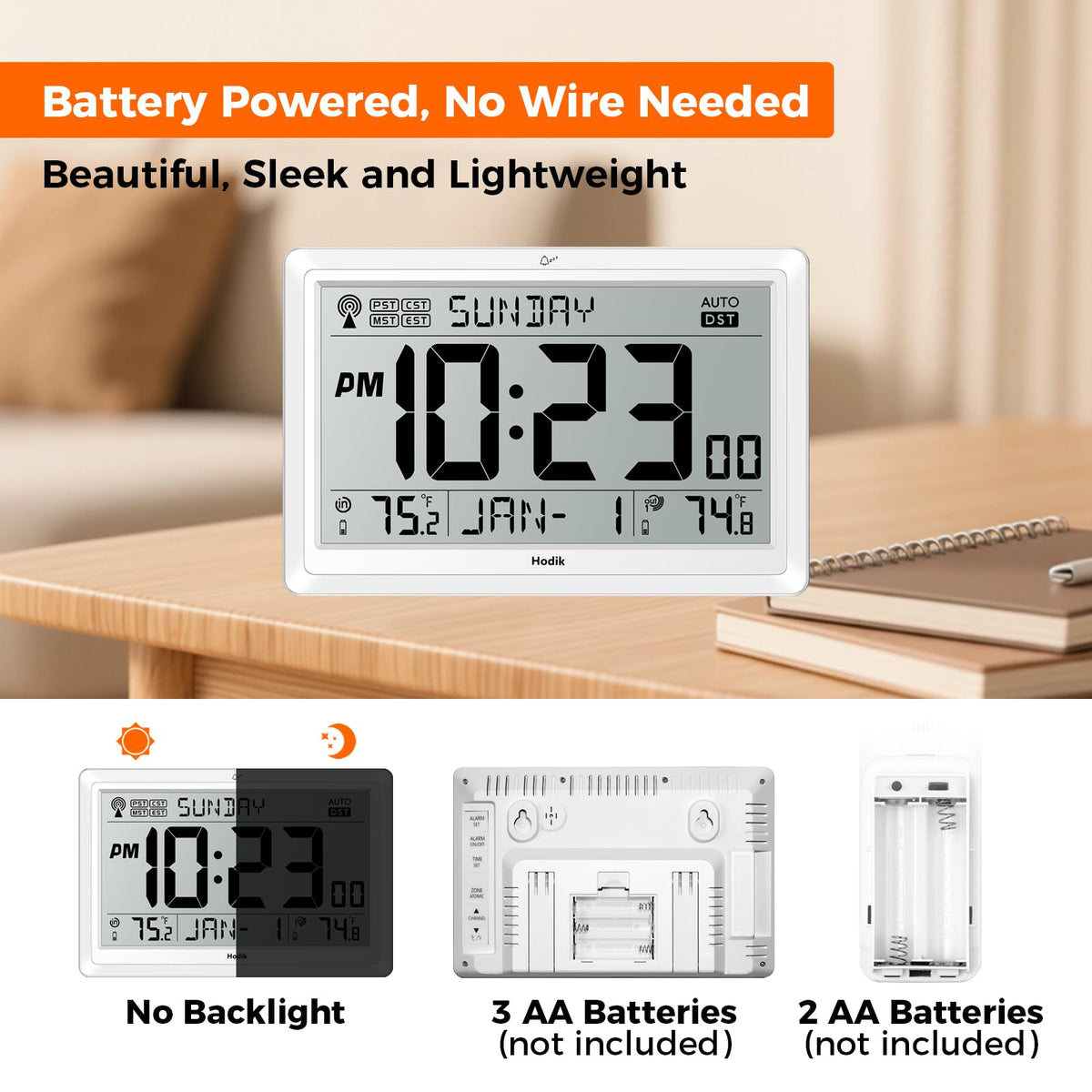 HODIK atomic clock supports DST and 12/24 formats for flexible timekeeping.