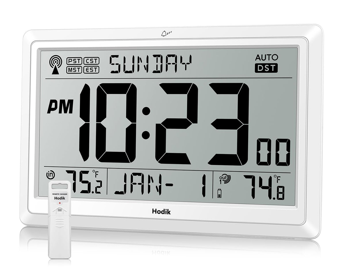 HODIK atomic wall clock shows indoor-outdoor temp for quick room planning.