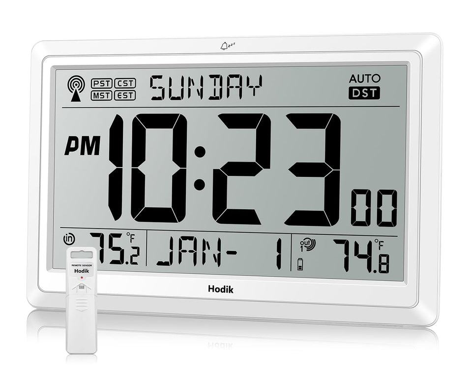 HODIK atomic wall clock shows indoor-outdoor temp for quick room planning.