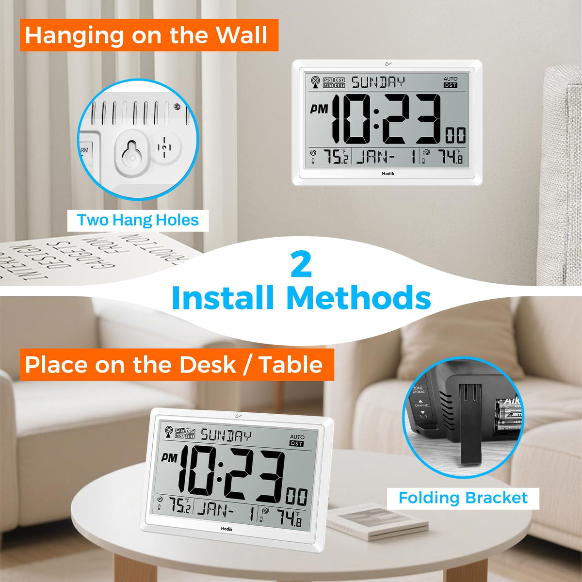 HODIK clock supports wall mounting and table stand for versatile placement.