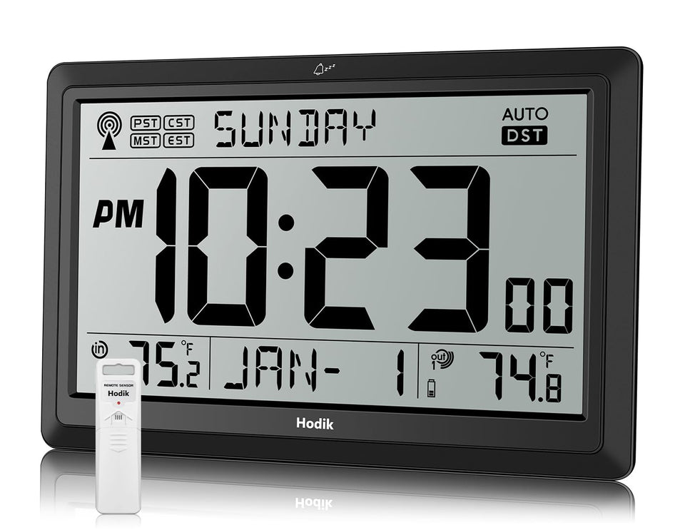 HODIK atomic wall clock shows indoor/outdoor temperature for home comfort.