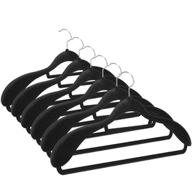 Hodola velvet hangers with wide shoulder design supporting men's suits and shirts