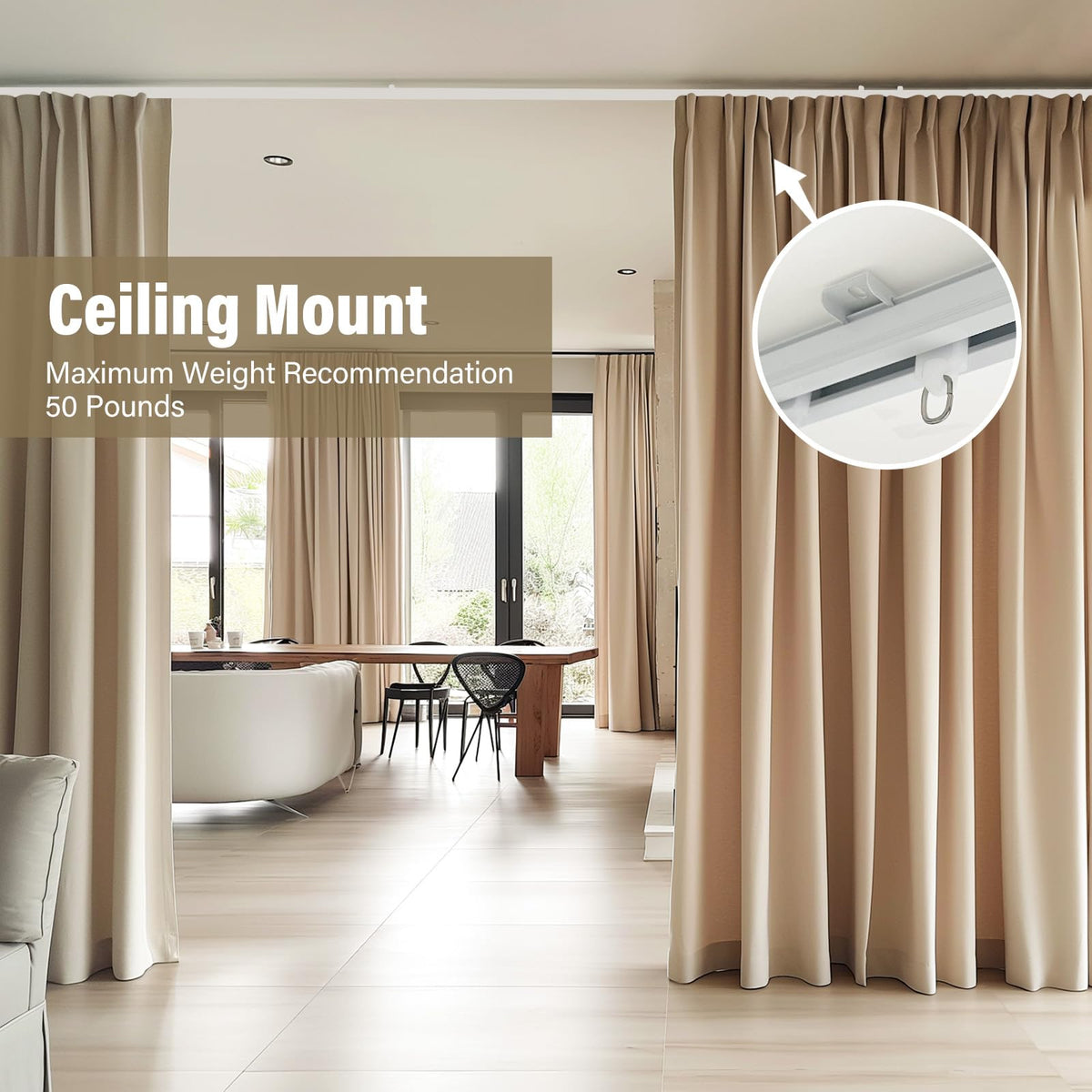 Hoeflife curtain track with pulleys demonstrates silent, effortless gliding.