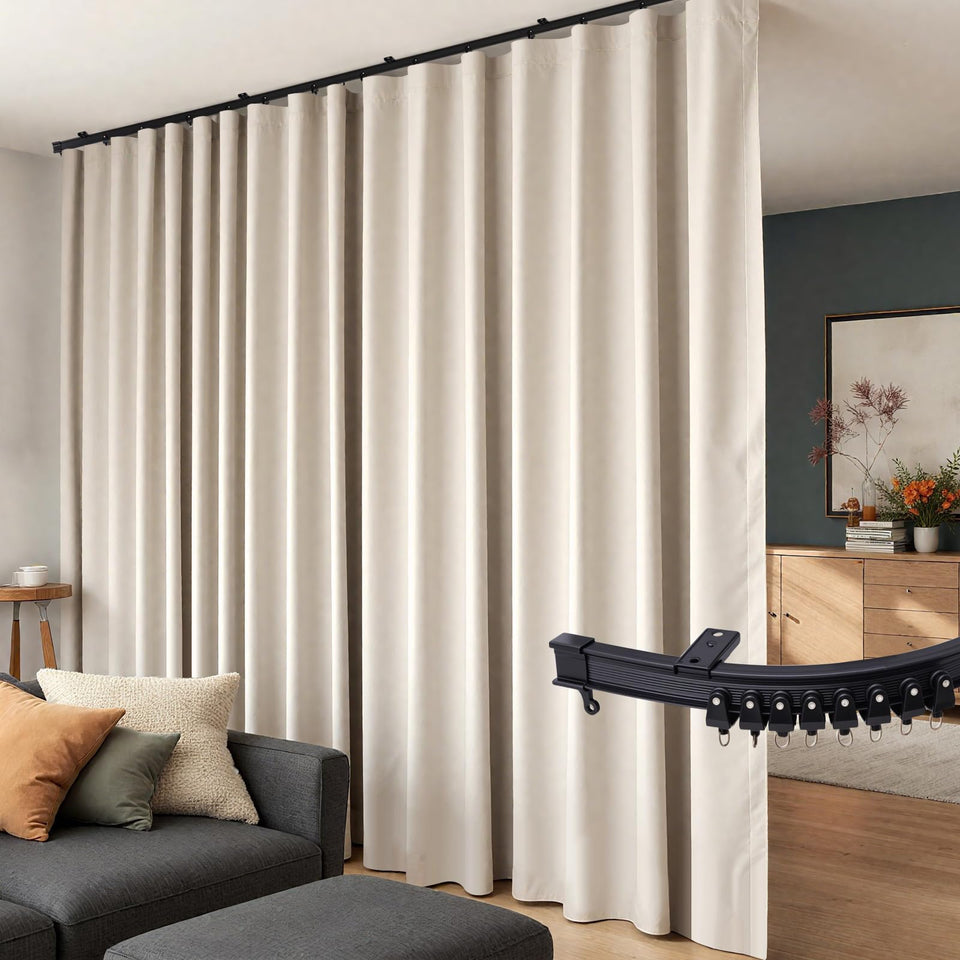 Hoeflife room-divider track system mounted on ceiling for flexible space division.