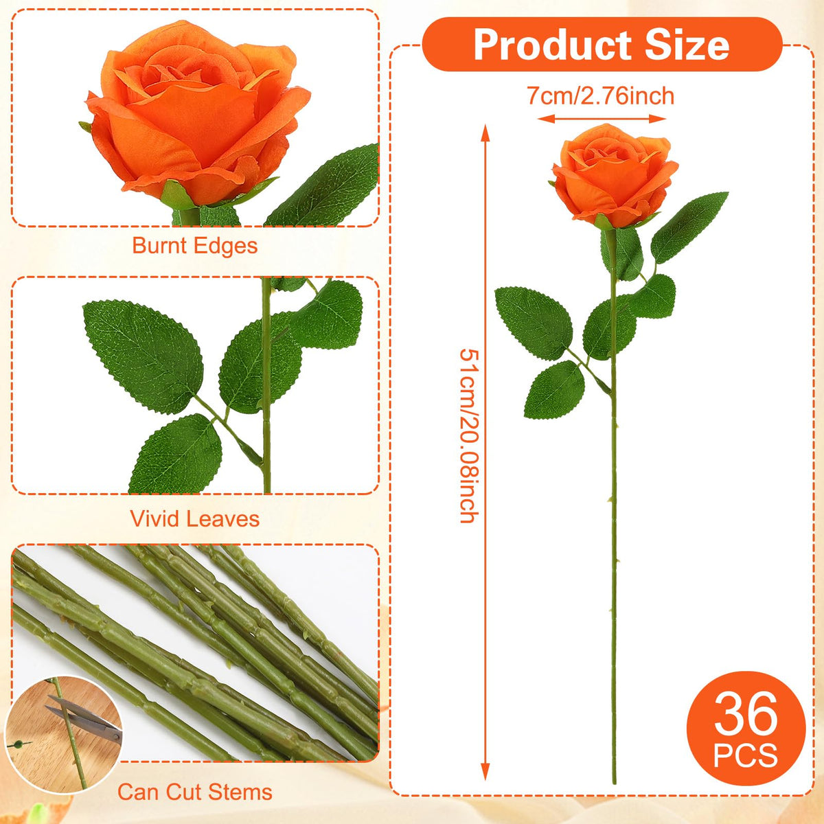 Hoemwarm 36-orange roses closeup shows silk petals and soft texture for realistic arrangements