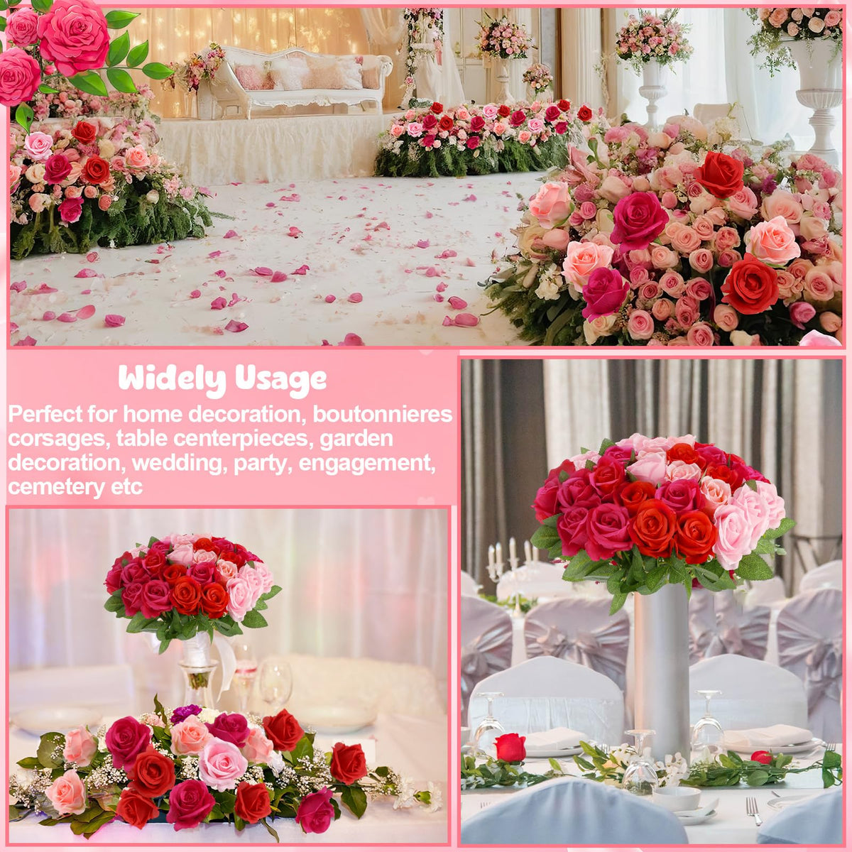 Hoemwarm artificial roses with rayon petals for durable floral designs.