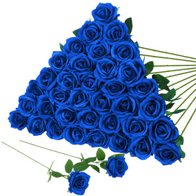 Hoemwarm royal blue artificial rose bouquet with long stems for elegant wedding accents.
