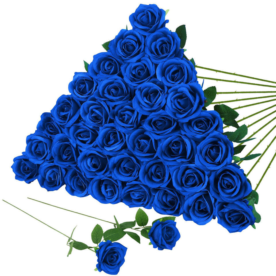 Hoemwarm royal blue artificial rose bouquet with long stems for elegant wedding accents.