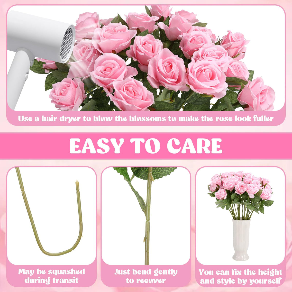 Hoemwarm silk pink roses petals and leaves for realistic florals