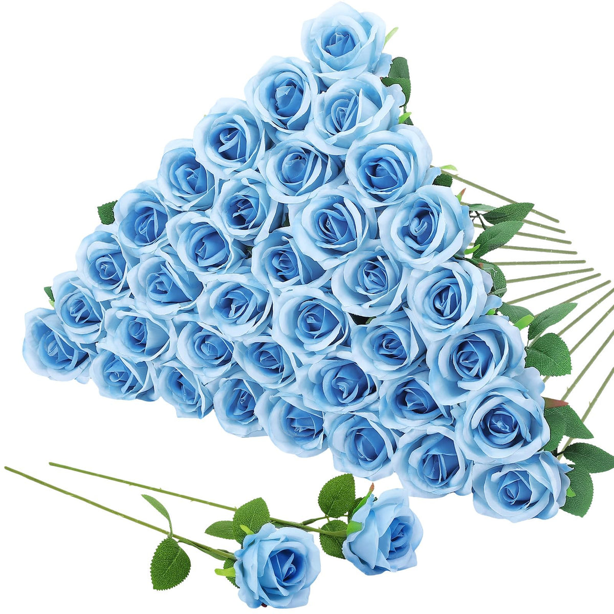 Hoemwarm sky blue artificial roses with long stems for wedding bouquets.