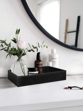 HofferRuffer bathroom valet on dresser showcasing versatile storage
