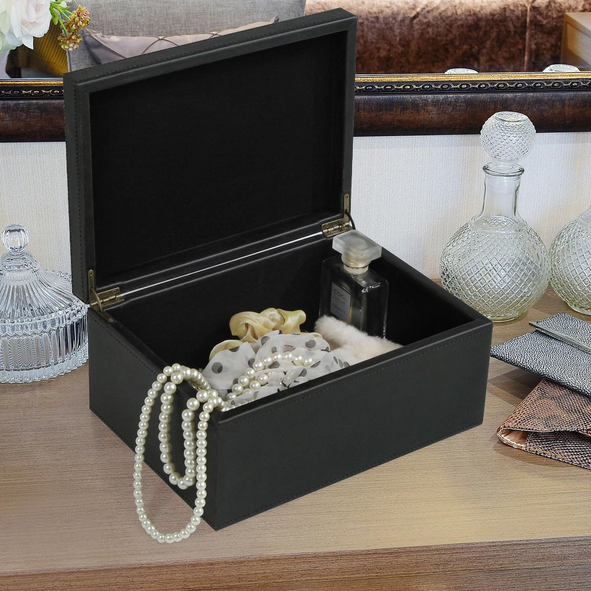HofferRuffer faux leather box sits neatly on a desk for daily organization.