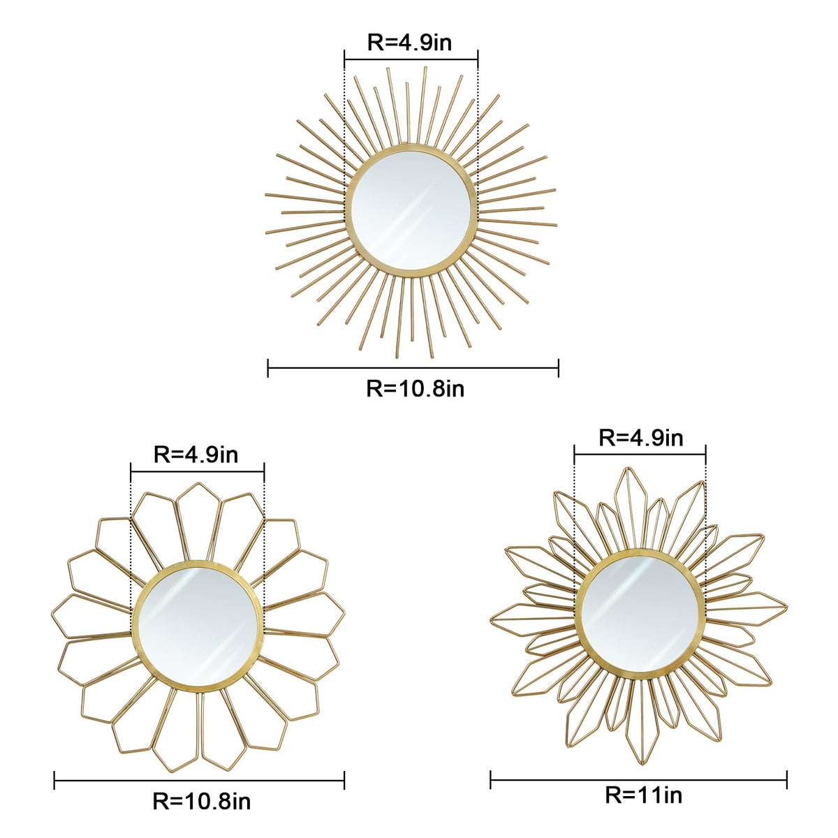 Hogardeck gold-finish sunburst mirrors 11-inch enhance radiant style and brightness.