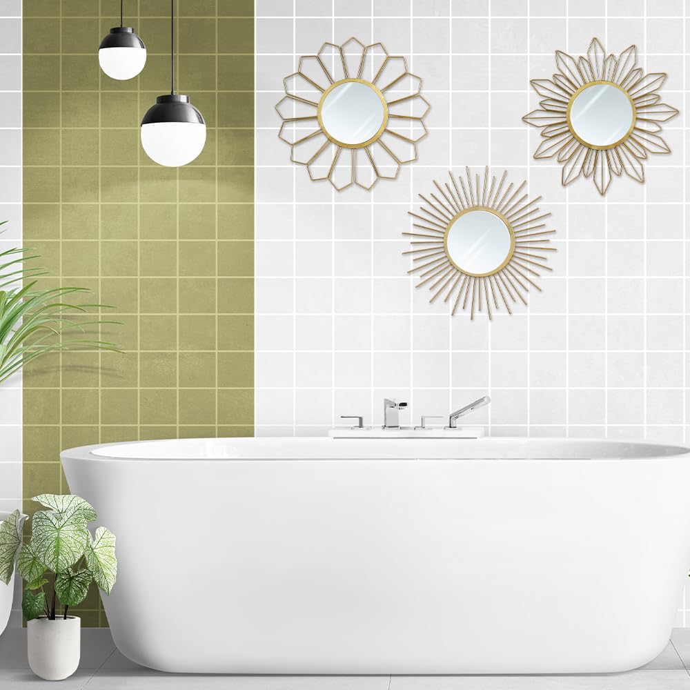 Hogardeck living room bedroom entryway decor with golden sunburst mirrors.