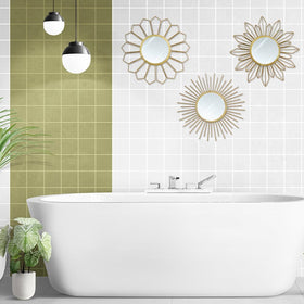 Hogardeck living room bedroom entryway decor with golden sunburst mirrors.