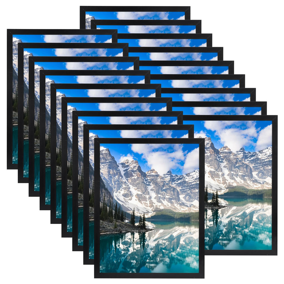 Hoikwo 18-pack black 8.5x11 frames with plastic cover for wall or desk display.