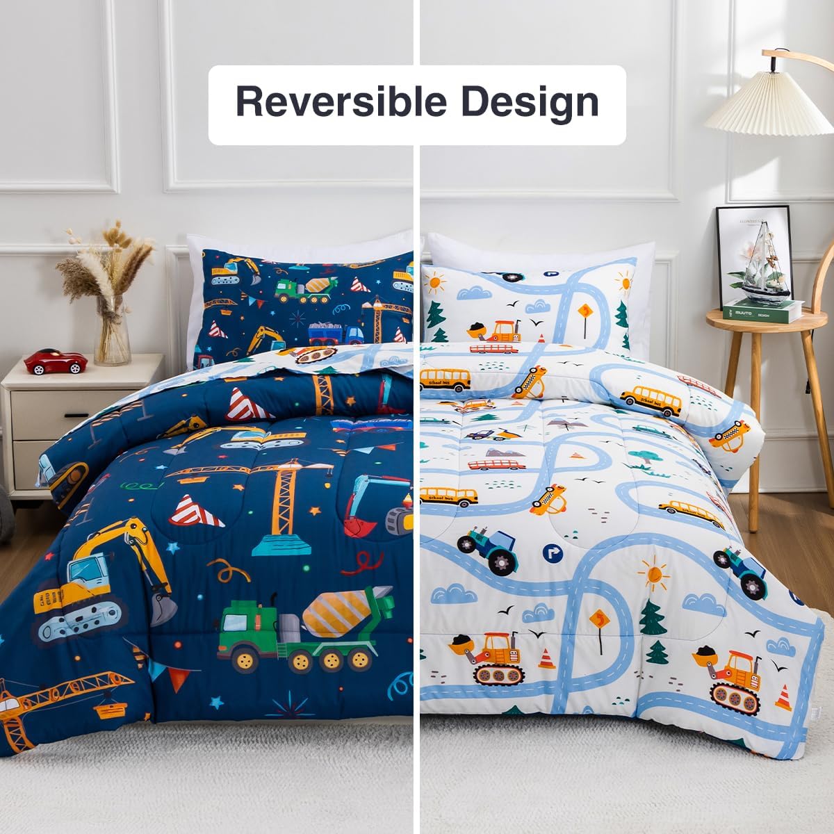 Holawakaka construction print comforter adds a playful vibe to nights.