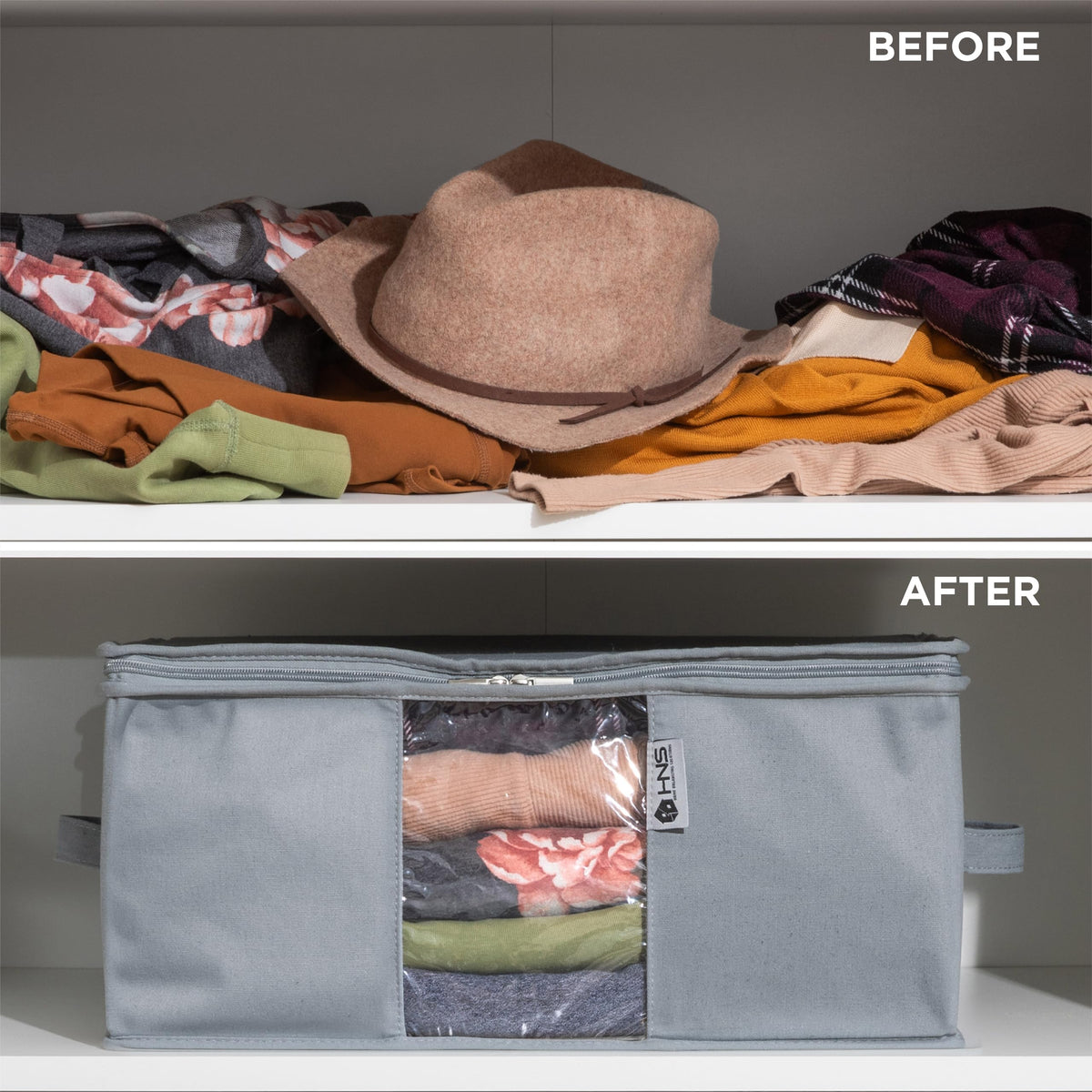 Grey color of the underbed storage bags blends with bedroom decor