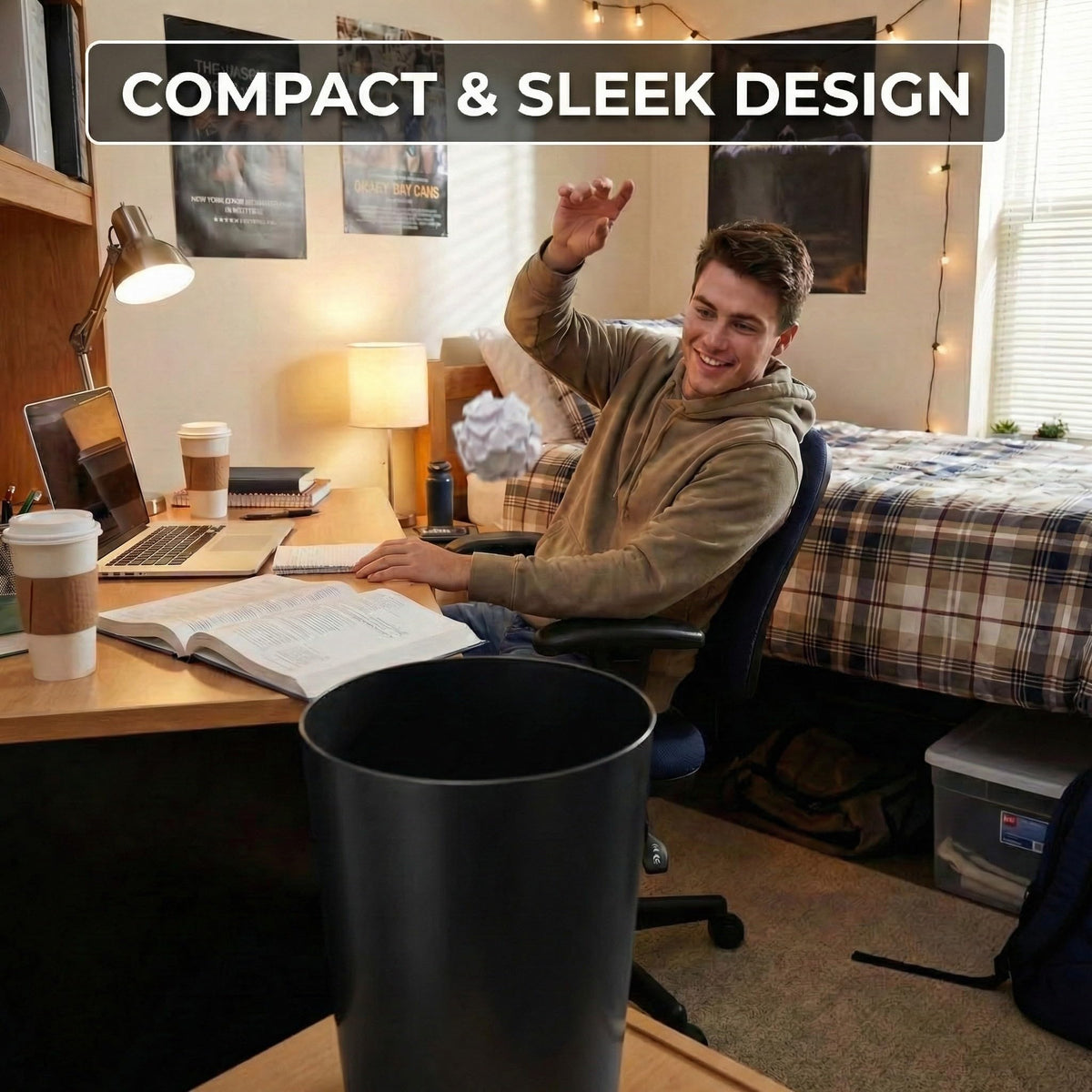 HOLDN’ STORAGE mini waste basket side profile, slim footprint ideal for desks and counters.