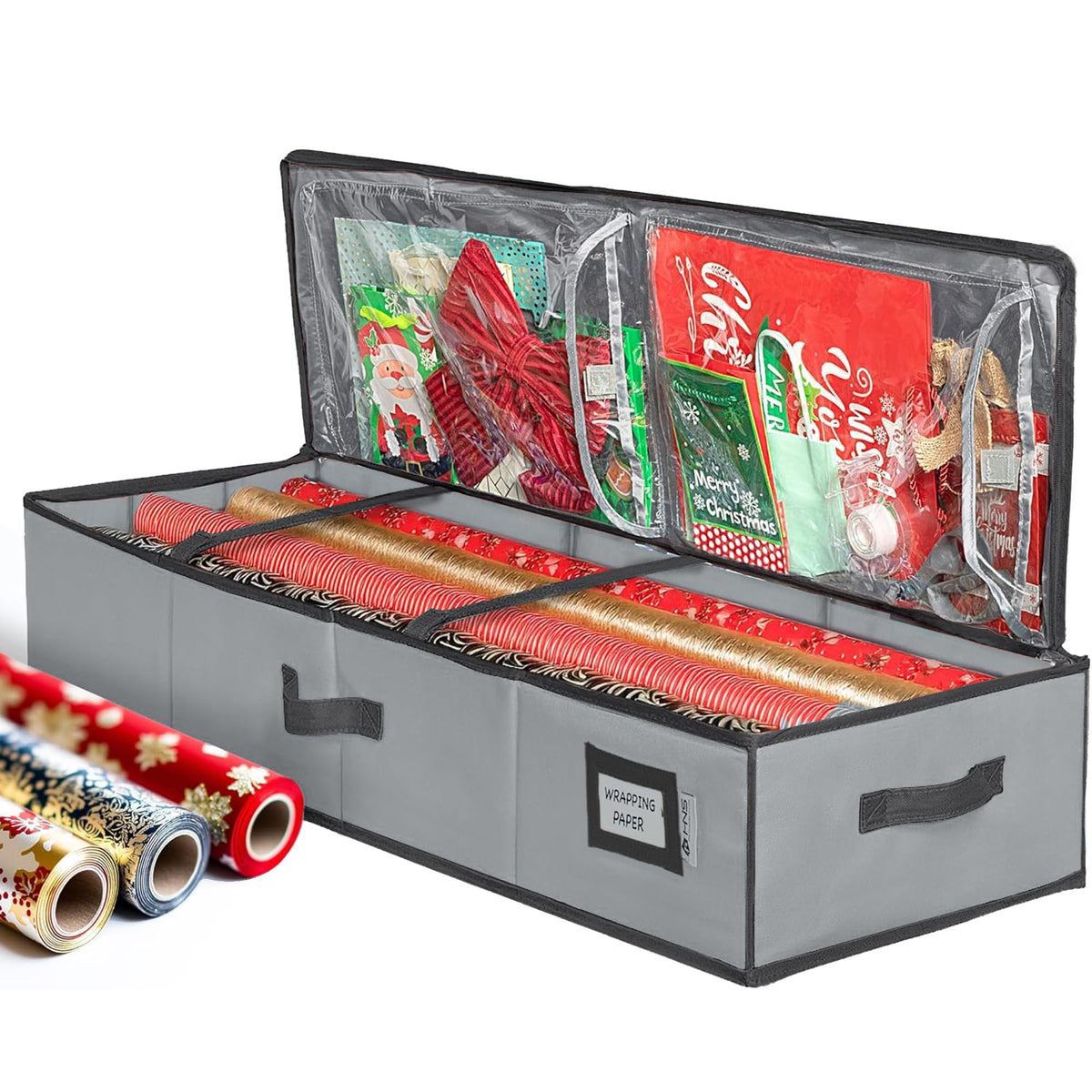 HOLDN’ STORAGE premium wrapping paper container with straps keeps rolls secure during transport.